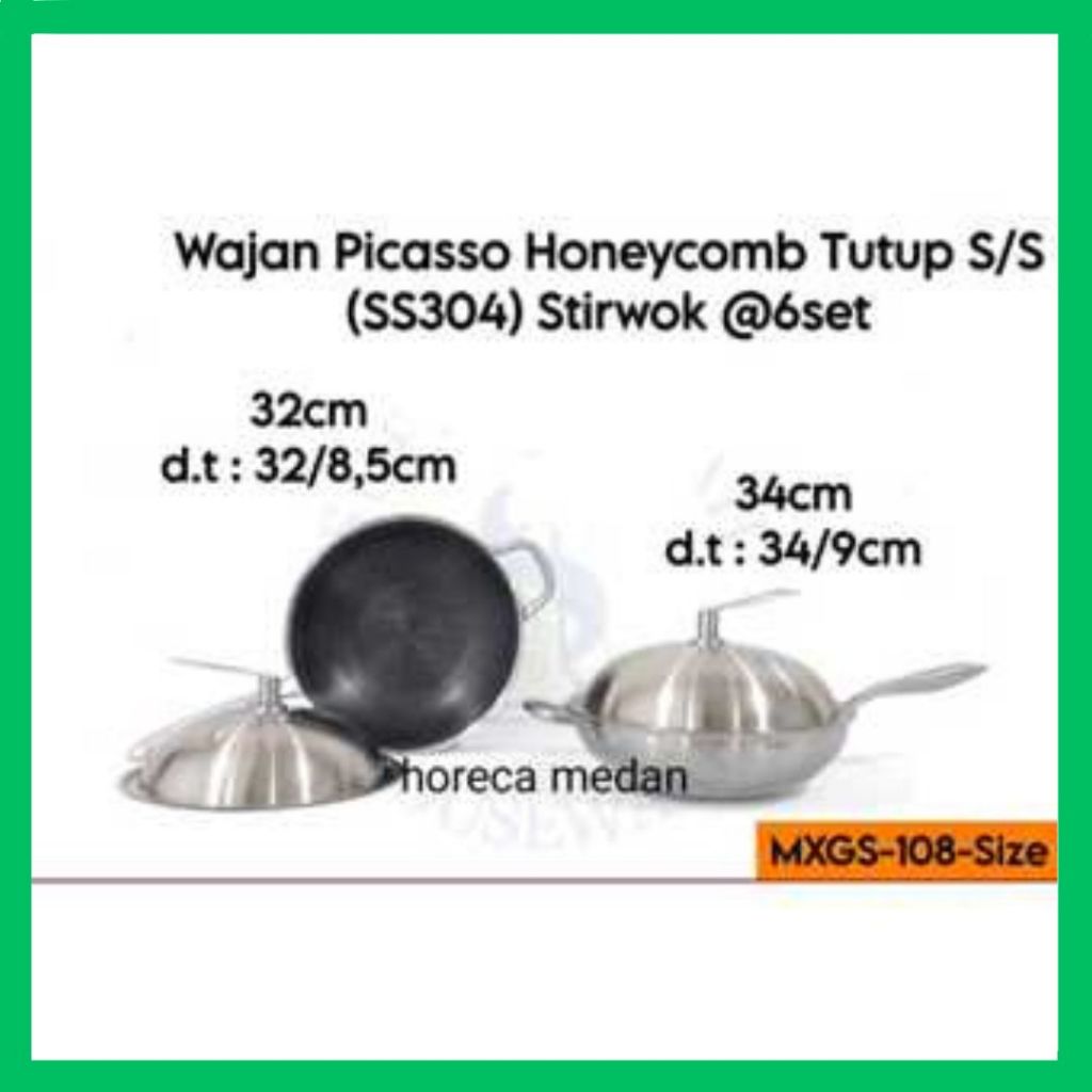 WAJAN STAINLESS STEEL SUS 304 PICASSO / STIR WOK PENGGORENGAN HONEYCOMB DENGAN TUTUP STAINLESS