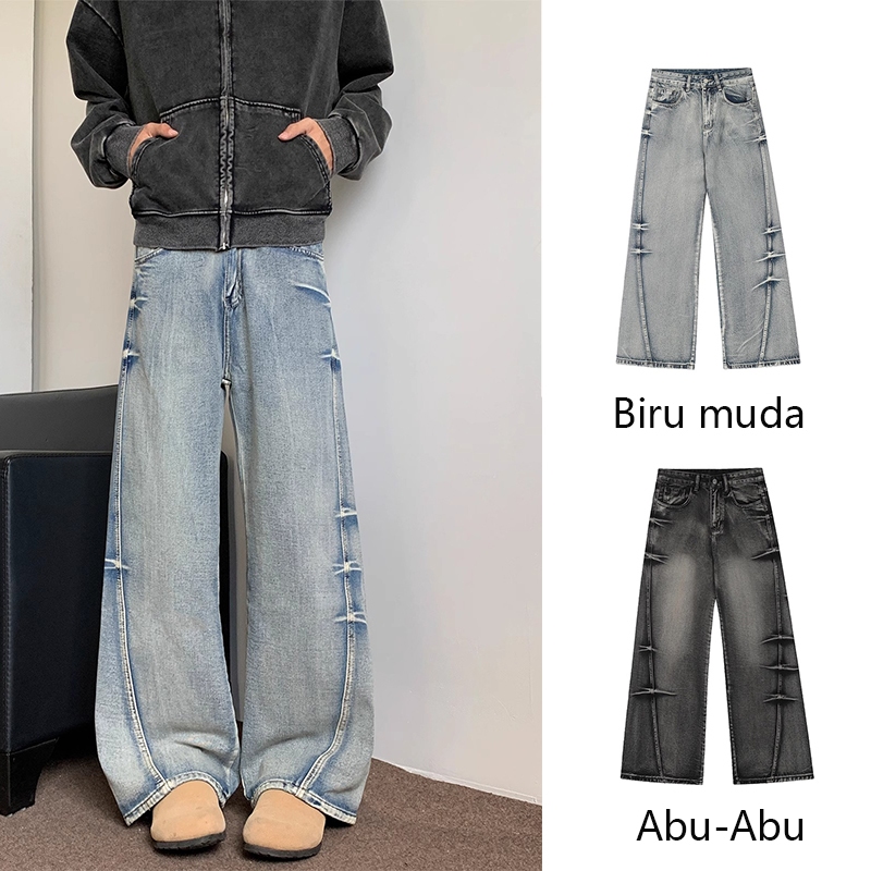 X-Gent celana gombrong jeans abu dan biru muda pria/wanita unisex kulot jumbo baggy denim selvedge l