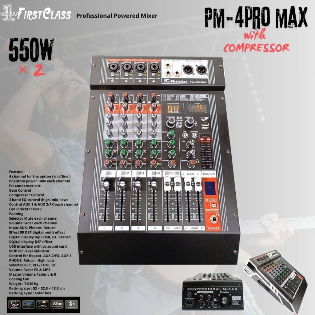 PROFESSIONAL POWER MIXER 4 CHANNEL WITH COMPRESSOR FIRSTCLASS PM 4PRO MAX PM4 PRO PM 4 PRO MAX