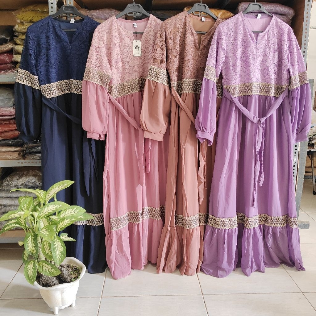 Dress Ceruty Babydoll Mix Brokat Glitter Variasi Renda Bintang Besar Gamis Ceruti Brukat Dada Renda 