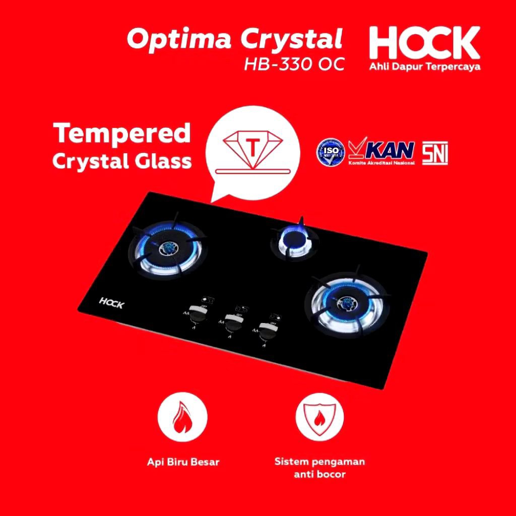 Kompor Gas Tanam Built-In-Hob 3 Tungku HOCK Optima Crystal HB-3300C