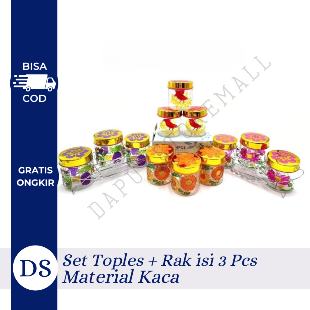 3 PCS TOPLES + RAK  toples Set /toples makanan /toples mewah toples kaca beling