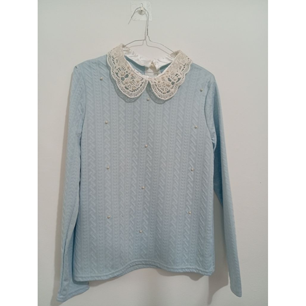 Baju Atasan Wanita Kerah Putih Renda Mutiara