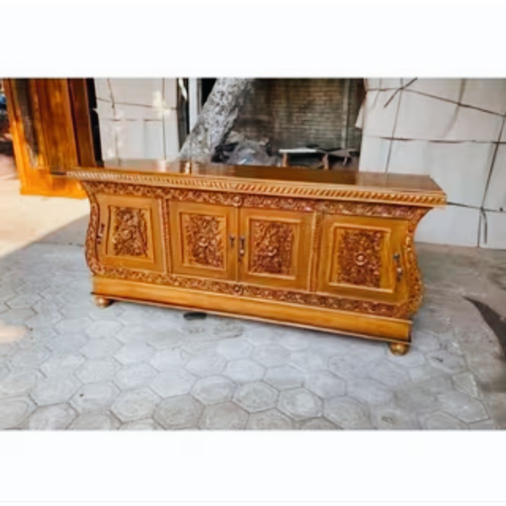 bufet tv  biola jati ukir, bufet pendek kayu jati