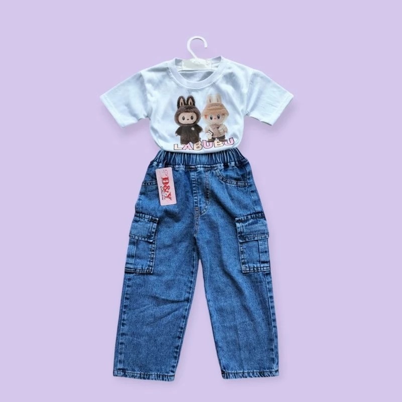 SETELAN ANAK PEREMPUAN KEKINIAN / ONE SET KULOT CARG0 JEANS