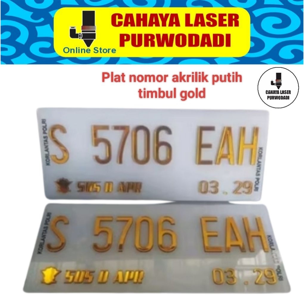 Plat nomor putih timbul gold / plat nomor gold timbul / akrilik plat nomor kendaraan / plat motor ti
