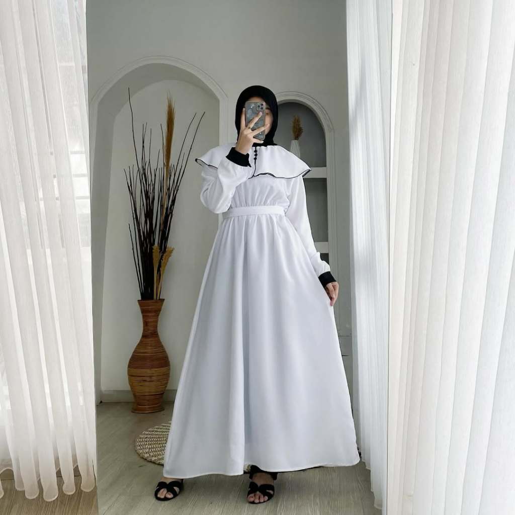 Gamis Wanita Simple dan Elegan Arafah Maxy HS Bahan Shakilla Size M L XL XXL Dress Putih Wanita Keki