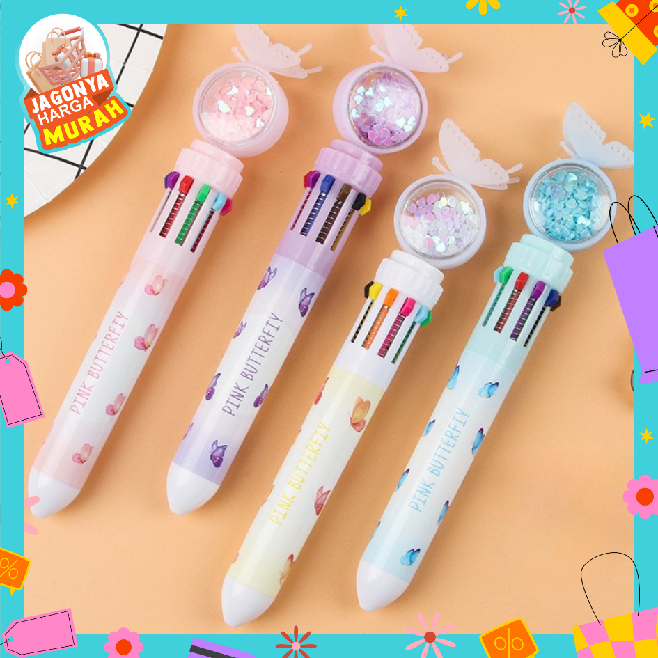 

JHM Pulpen Gliter Motif Kupu-Kupu Pulpen 10 Warna Aesthetic Pena Ballpoint Karakter Lucu
