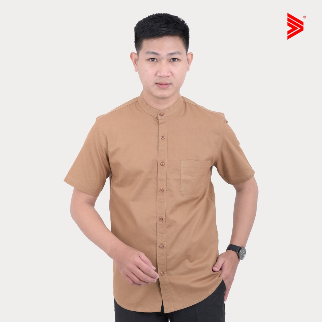 Tiagan99 Pakaian Atasan Kemeja Pria Basic Lengan Pendek Kerah Shanghai Katun Terbaru Coklat Susu