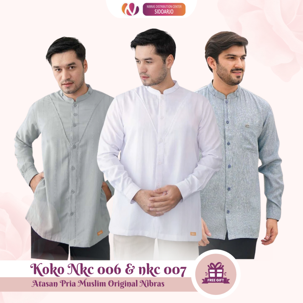Koko Pria Lengan Panjang Polos Putih Abu - Abu Biru - Baju Cowok Muslim Premium Nibras NKC 007 006
