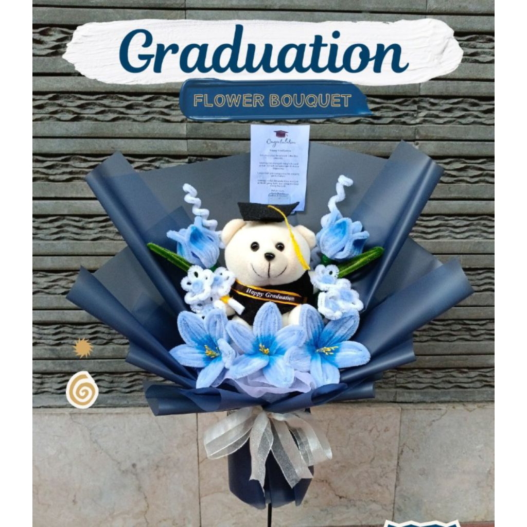 Bouquet Wisuda Pipe Cleaner Flower dan Boneka / Bucket Wisuda Bunga Kawat Bulu dan Boneka / Buket Wi