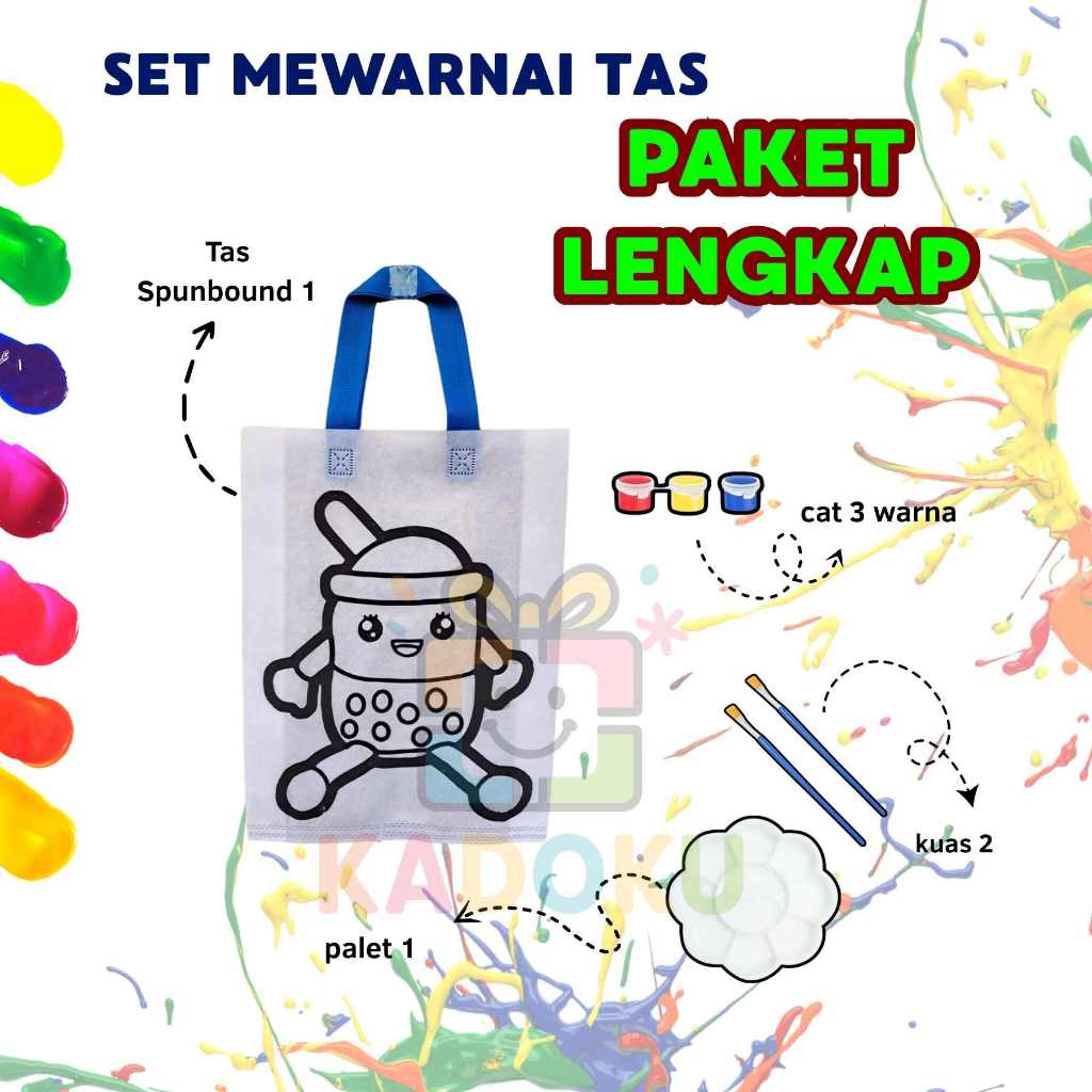 

KADOKU Set Mewarnai Tas Spundond - Paket Lengkap 1- 3 cat dan 2 kuas - Paket Melukis Anak - Souvenir Ulang Tahun - Hampers Anak - Set Mewarnai Tas Lengkap cat kuas dan palet