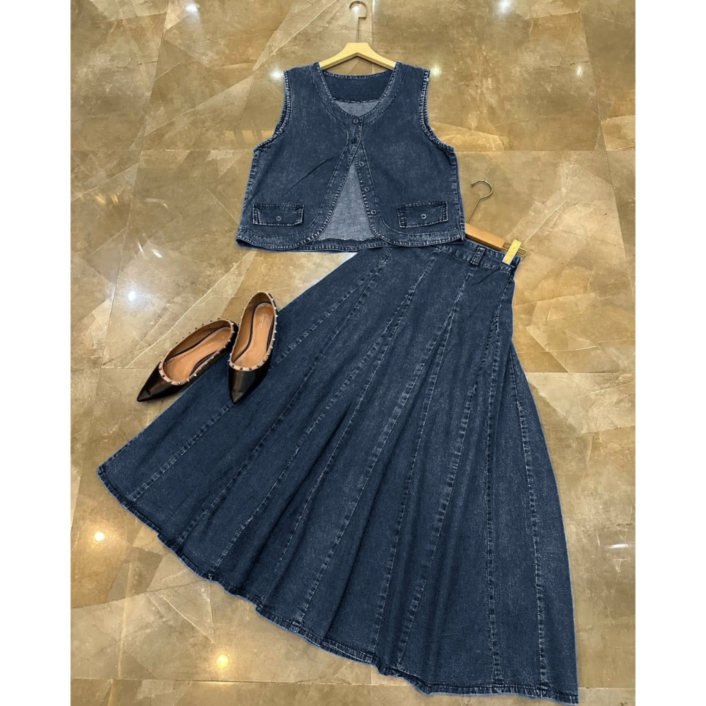 Ellyfashion Monalisa Vest Set  Bahan Jeans Setelan Wanita Atasan Dan Rok Pakaian Wanita