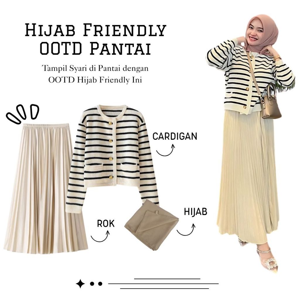 Hijab Friendly Ootd Pantai Cardigan Stripe Rok Plisket Cream Hijab Coksu . KS038