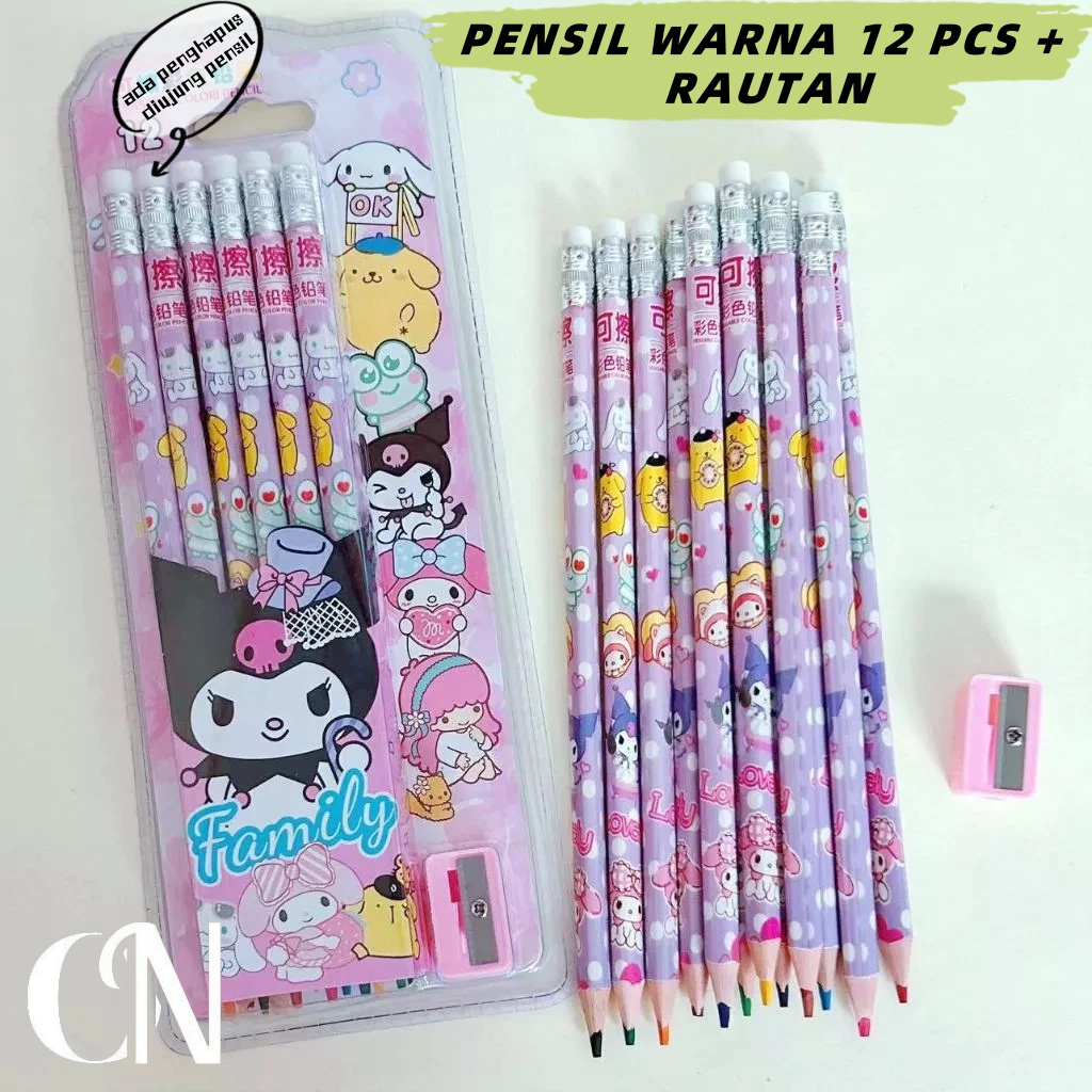 

(12 WARNA) Pensil Warna HB Anak Sekolah Terbaru Karakter Kuromi Cinnamoroll Melody Kualitas Premium