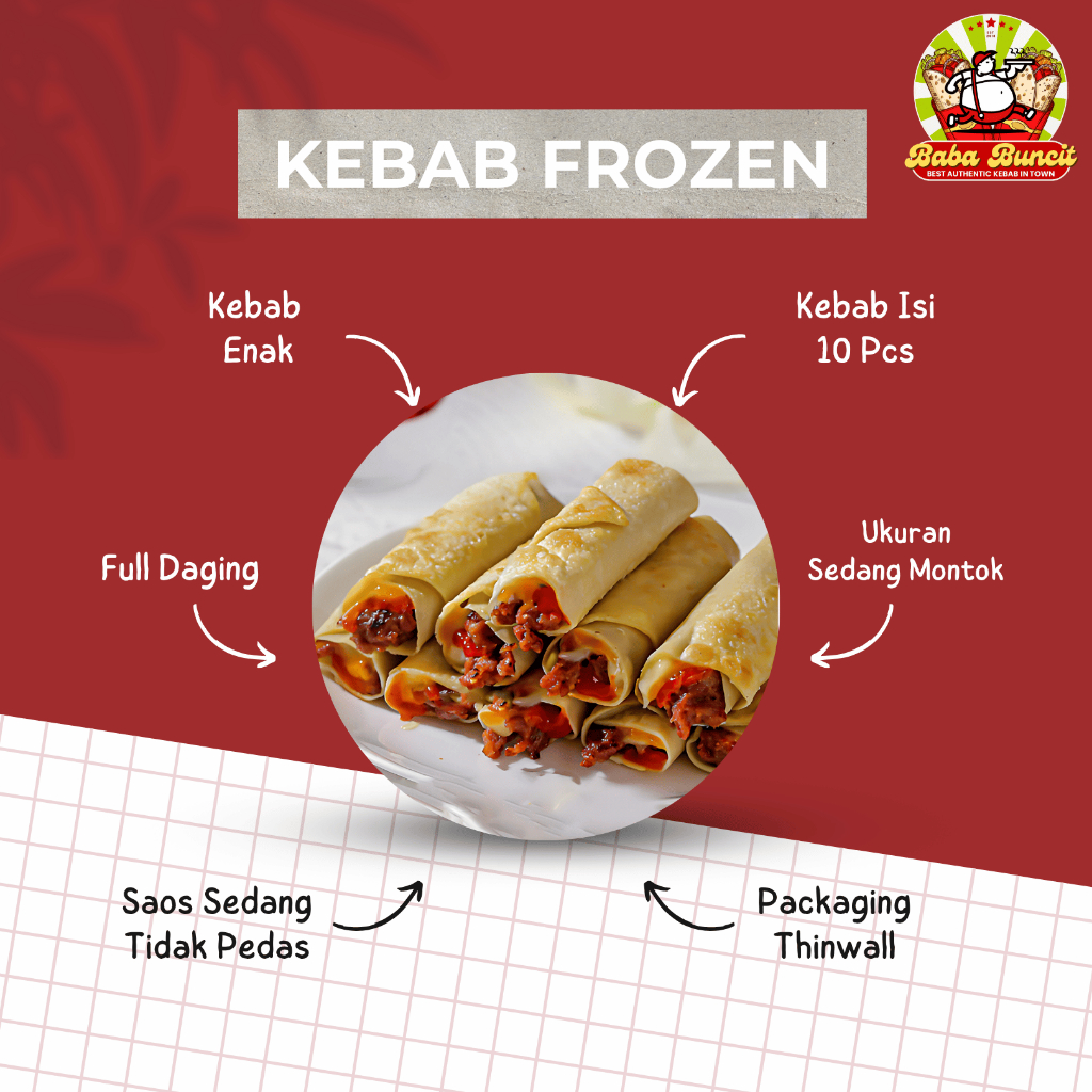

Kebab Frozen Isi 10 pcs Full Daging | Saos Tidak Pedas | Baba Buncit