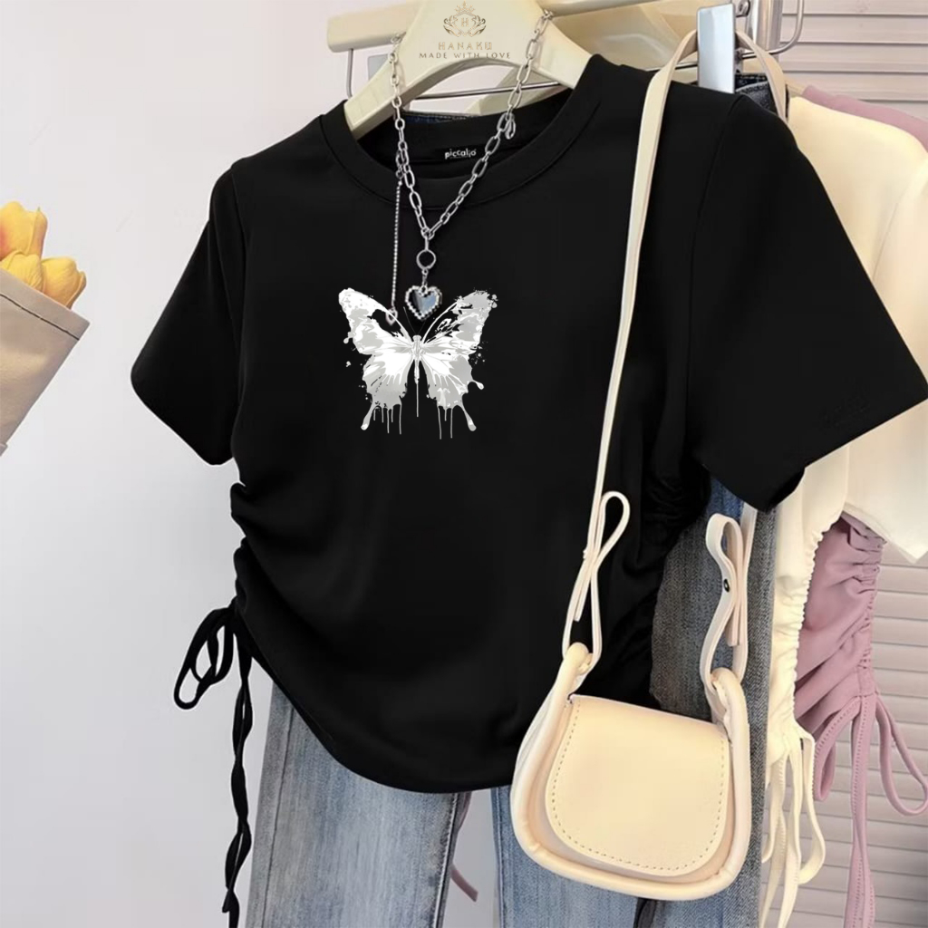 Kaos Serut Samping Wanita Dewasa Kupu kupu putih Crop Top