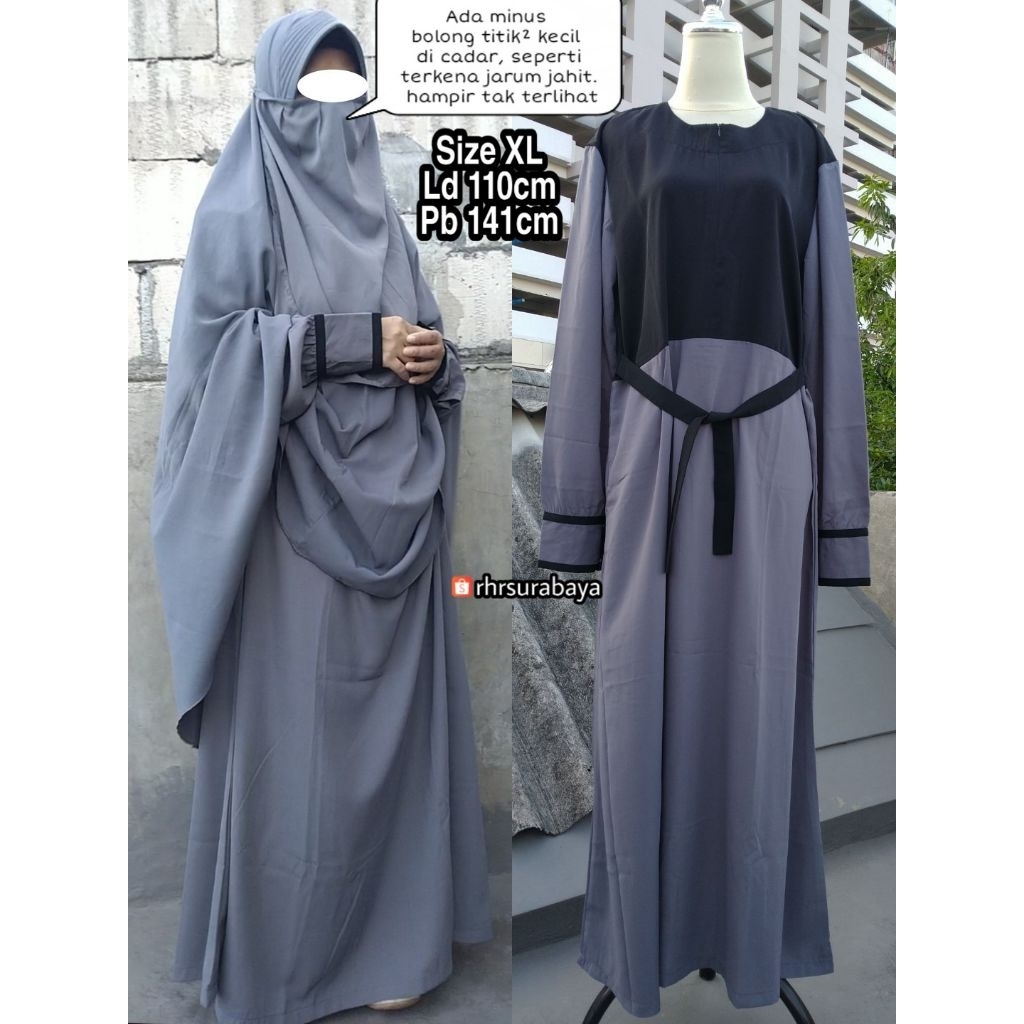 Sale Set Gamis Wolfis Khimar Cadar Size XL Kombinasi Warna Abu dan Hitam