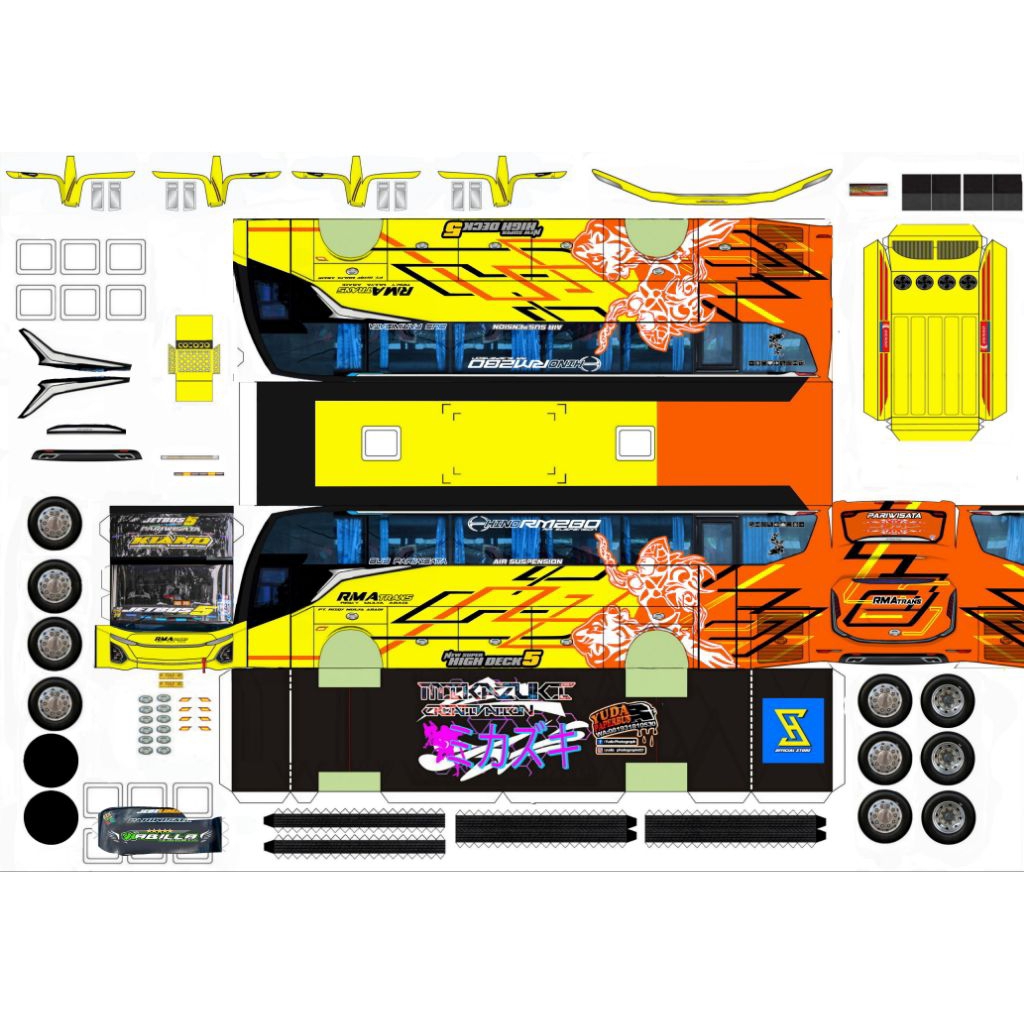 lembaran papercraft bus rma trans kiano skala 43 laminasi non laminasi