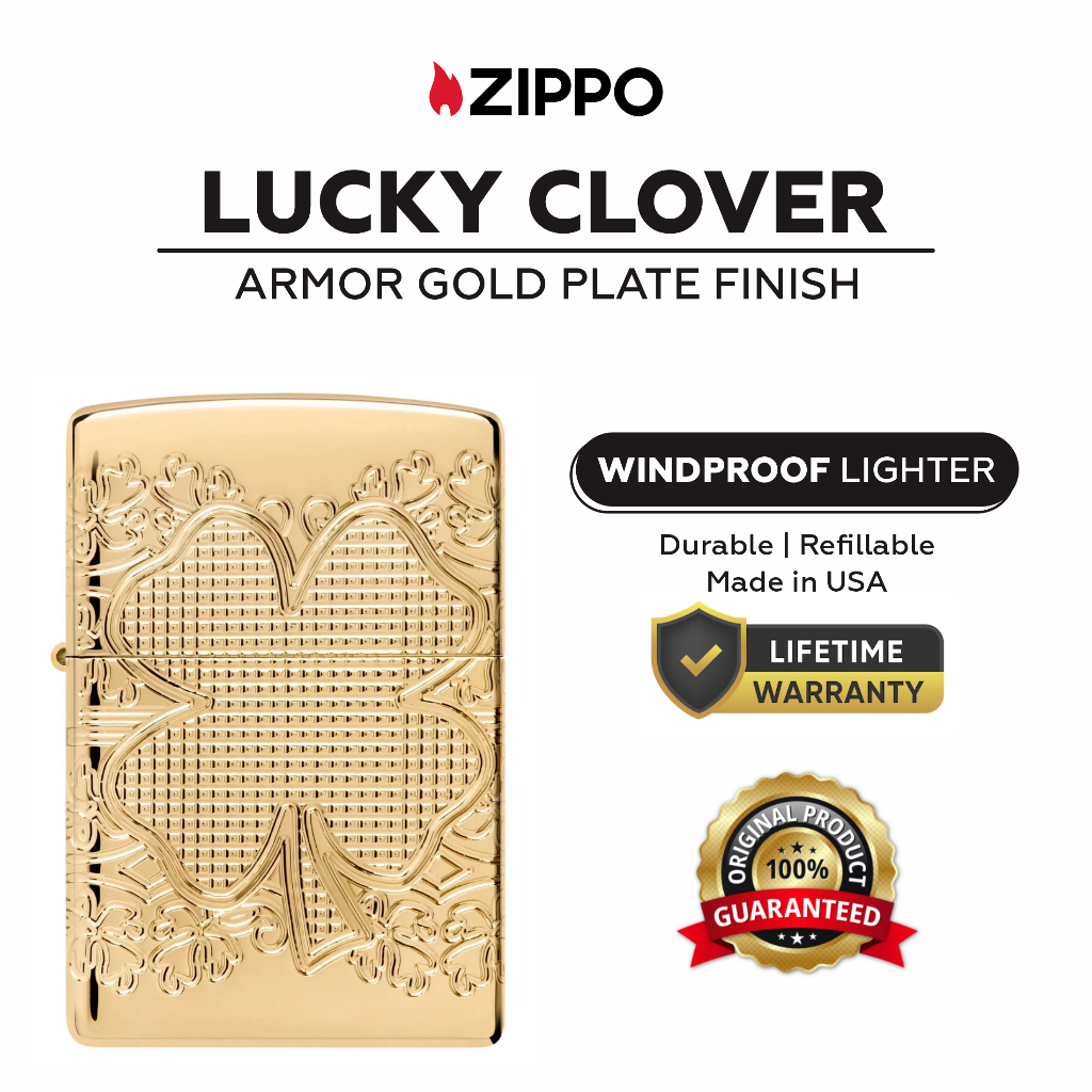 Zippo 46301, Deep Carved Lucky Clover Armor Gold-Plated