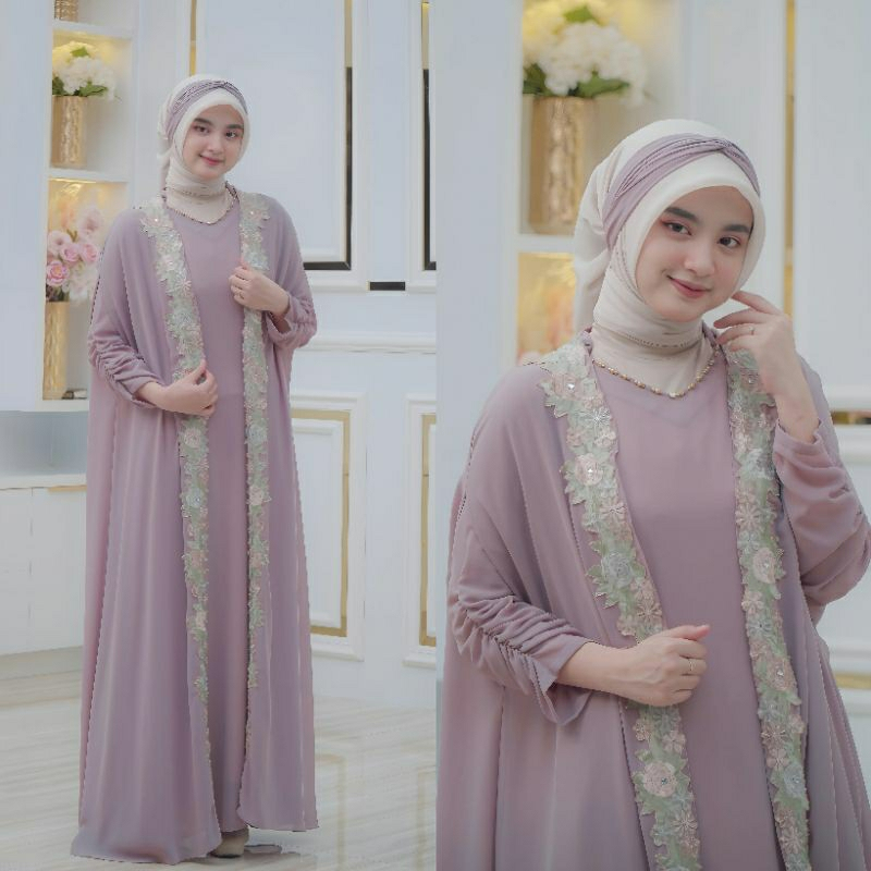 Kaftan Raysa Bahan Ceruty Babydoll Premium Set Iner Gamis Aksen Bordir Dan Payet Wanita Remaja Dewas