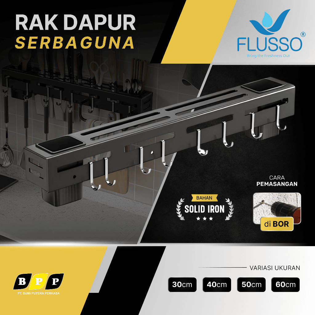 FLUSSO Rak Dapur Tempat Bumbu Sendok Pisau Gantung Dinding Minimalis | Tempat Bumbu Gantung Dapur