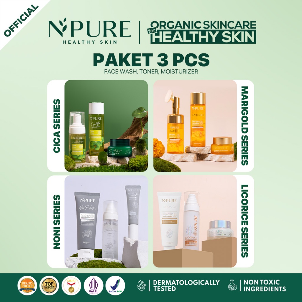 NPURE - 3 PCS -  Paket Face Wash + Toner + Moisturizer - Cica Acne - Marigold Anti Aging - Noni Sens