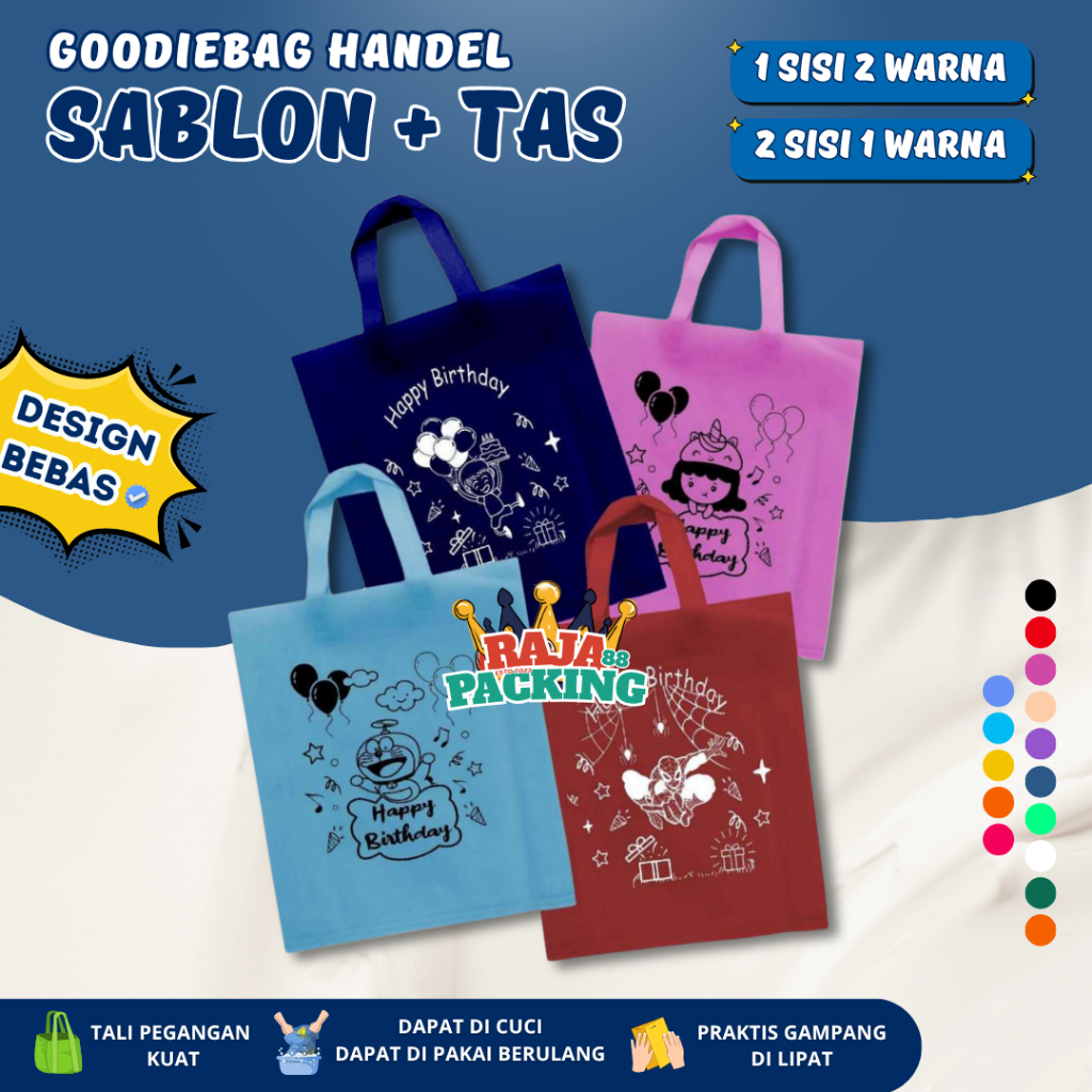 

CUSTOM SABLON PLUS TAS Goodie Bag HANDLE Tas Belanja 1 SISI 2 WARNA / 2 SISI 1 WARNA 75GSM Totebag Spunbond Kantong Tas Souvenir