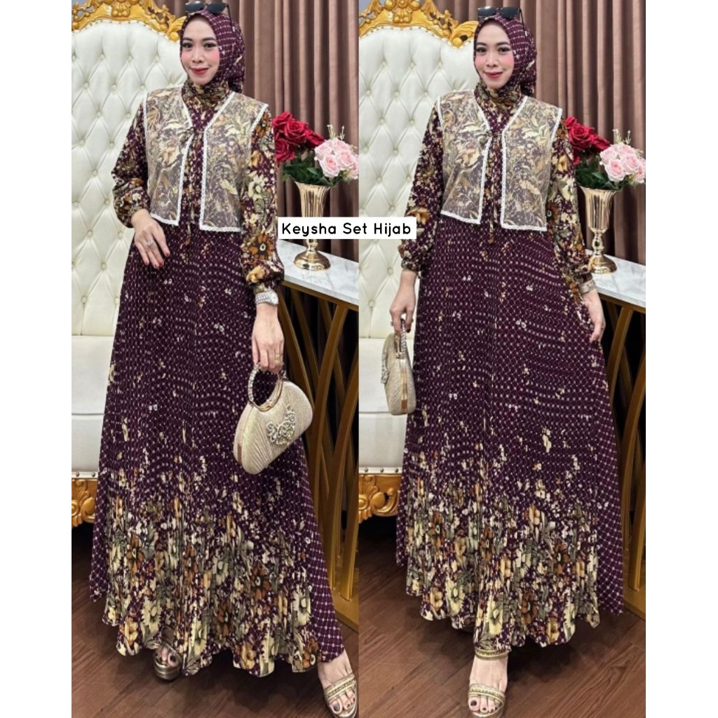 KEYSHA SET HIJAB GAMIS PLISKET MIX TILE DOT