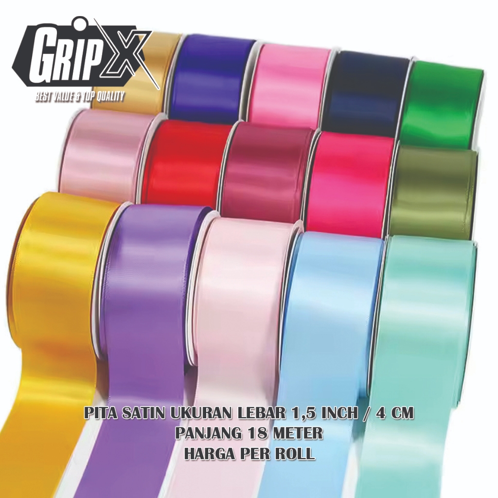 

Pita Satin Polos 4cm x 18 Meter – Pita Kado / Buket / Craft – Harga per Roll