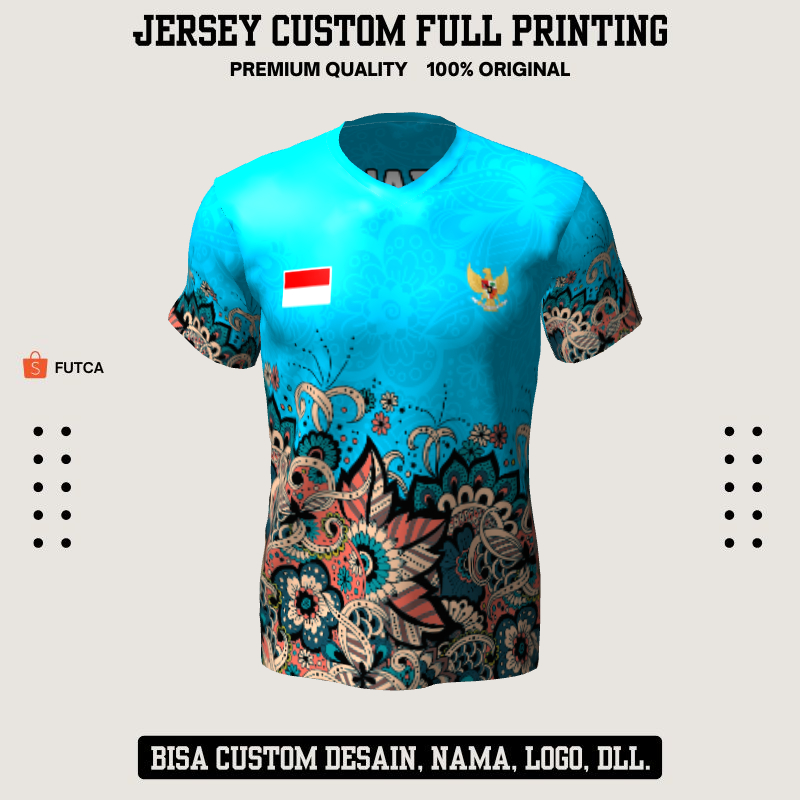 Kaos Jersey Futsal Biru Motif Batik 224 - Jersey Olahraga Custom Full Printing