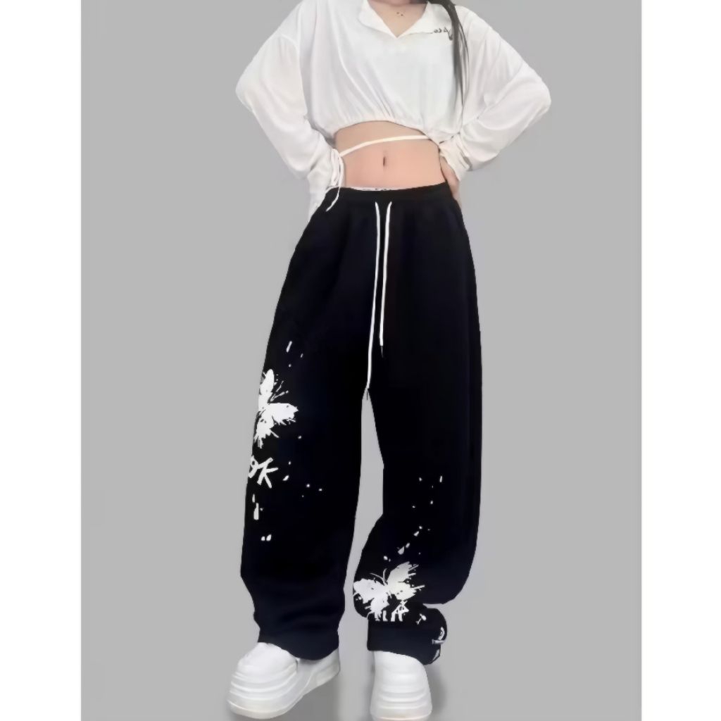Celana Wanita Rok Buterfly Oversize Bawahan | Celana Kulot Sweat Pants Korean Style Kekinian