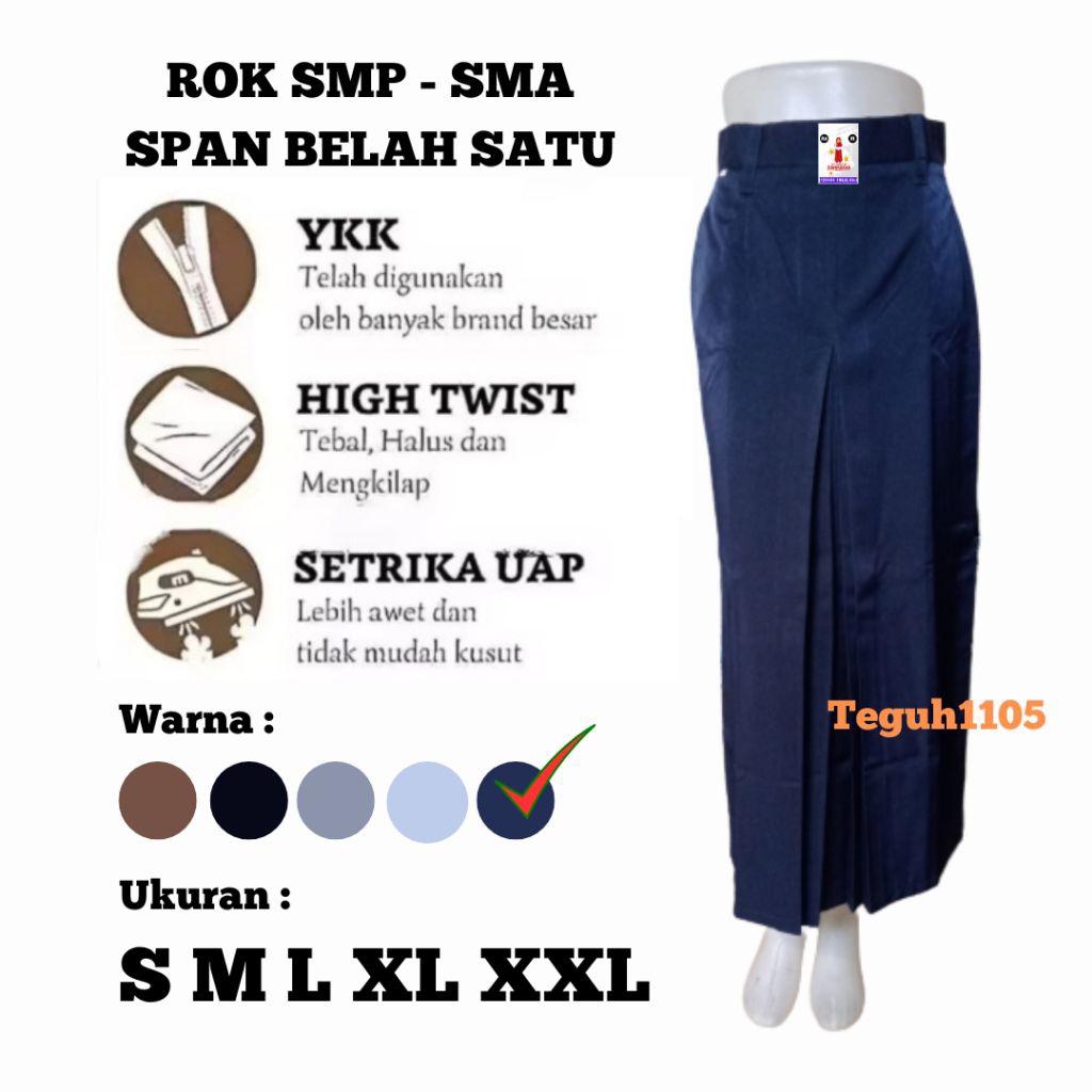 ROK BIRU PANJANG SPAN REMPEL SATU DEPAN SERAGAM SMP - SMA BAHAN TWISS HALUS LICIN DAN LENTUR REAL FI
