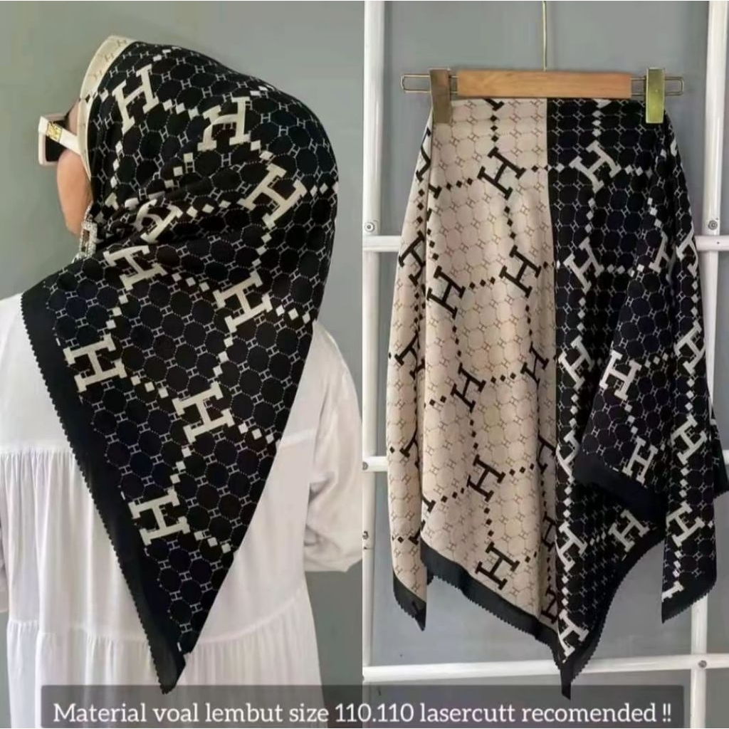 Hijab kerudung segi empat voal motif HH HITAM PUTIH Rekomendasi hijab murah