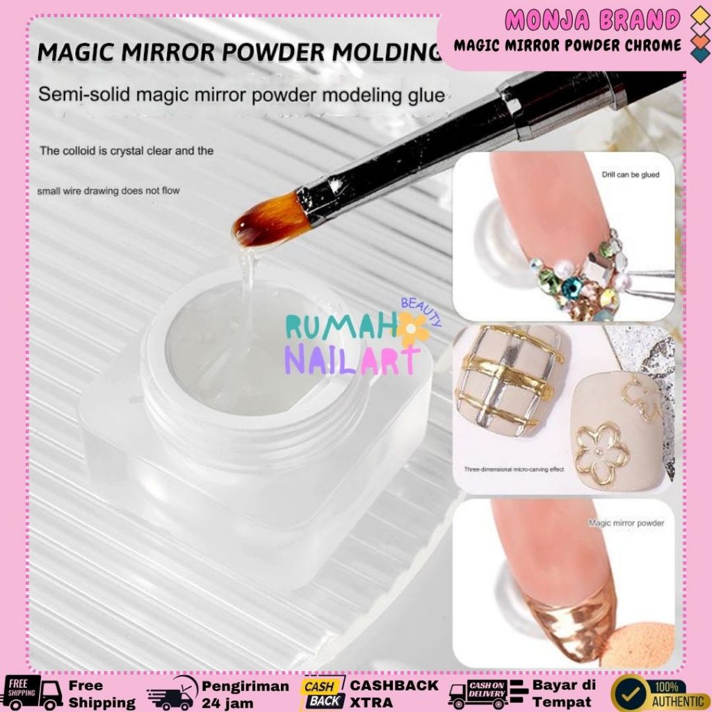 MONJA MAGIC MIRROR POWDER MOLDING GEL Powder untuk Chrome Nail Art Kutek UV Gel Polish Glitter