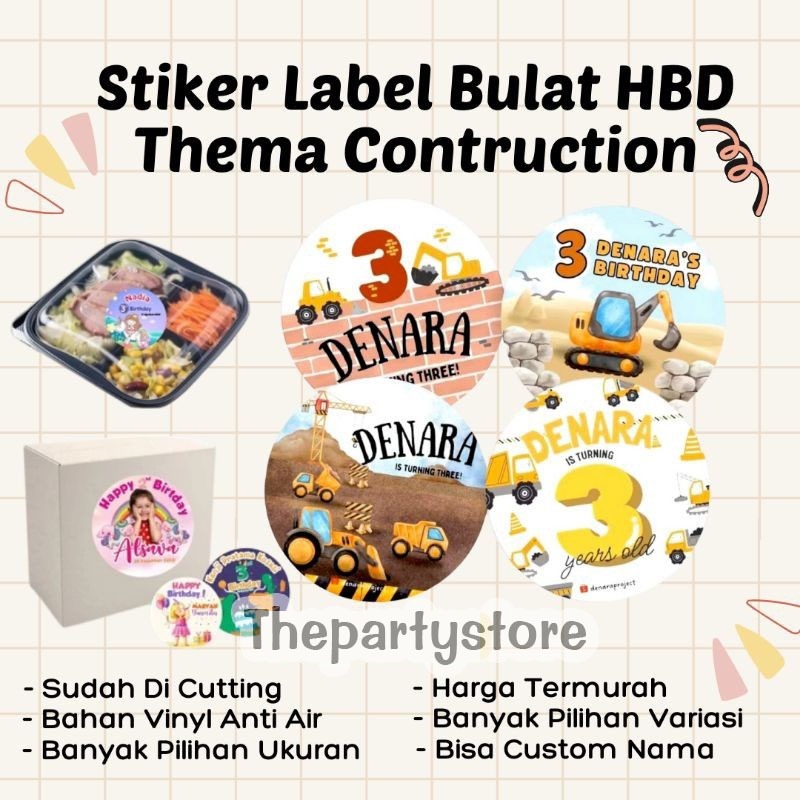 

(50 PCS) Stiker Bulat Custom Bento Hampers Ulang tahun Construction Excavator Tractor