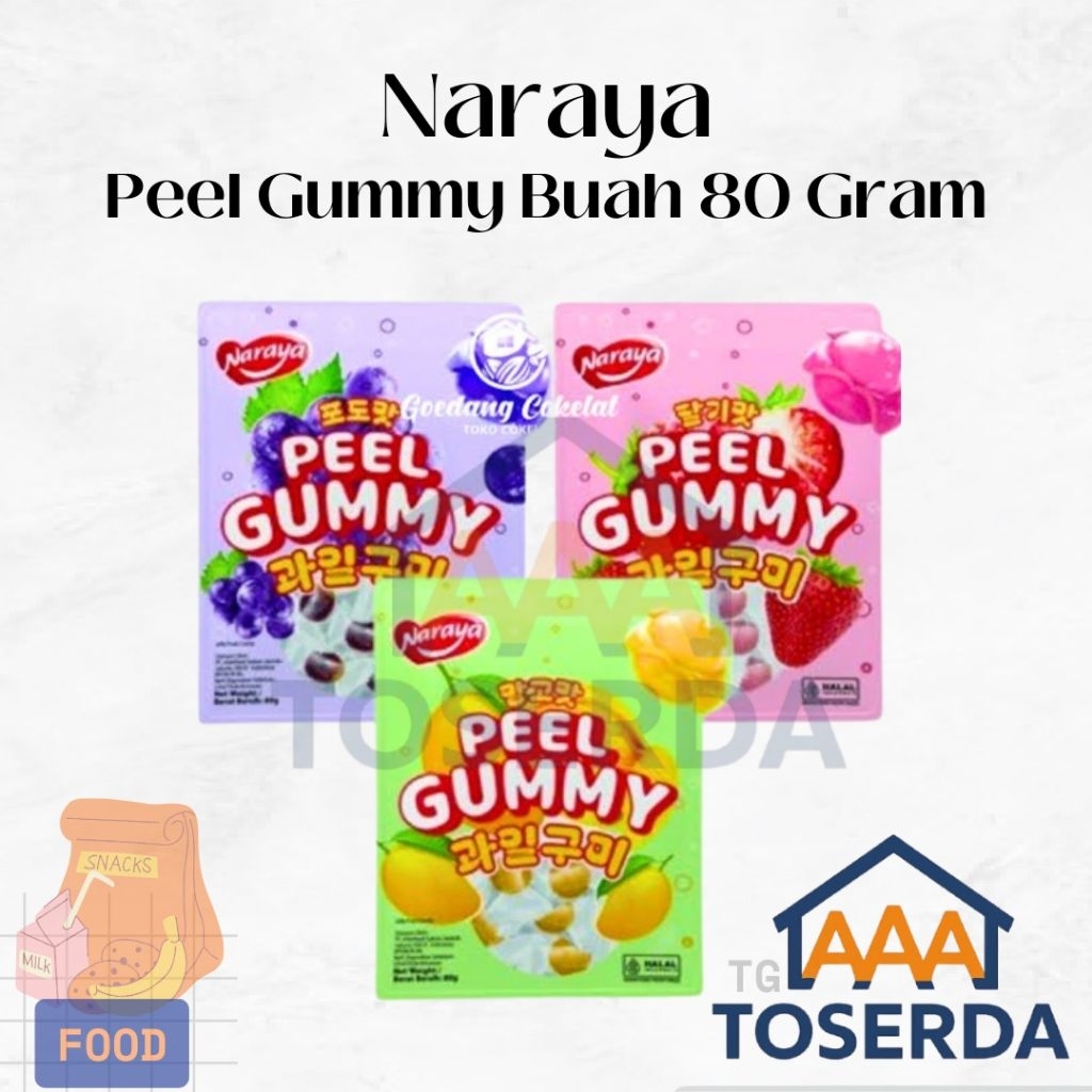 

AAA Toserda | Naraya Peel Gummy Permen Jelly Buah Kupas 80g – Rasa Mangga, Anggur, Stroberi – Permen Lunak Kenyal