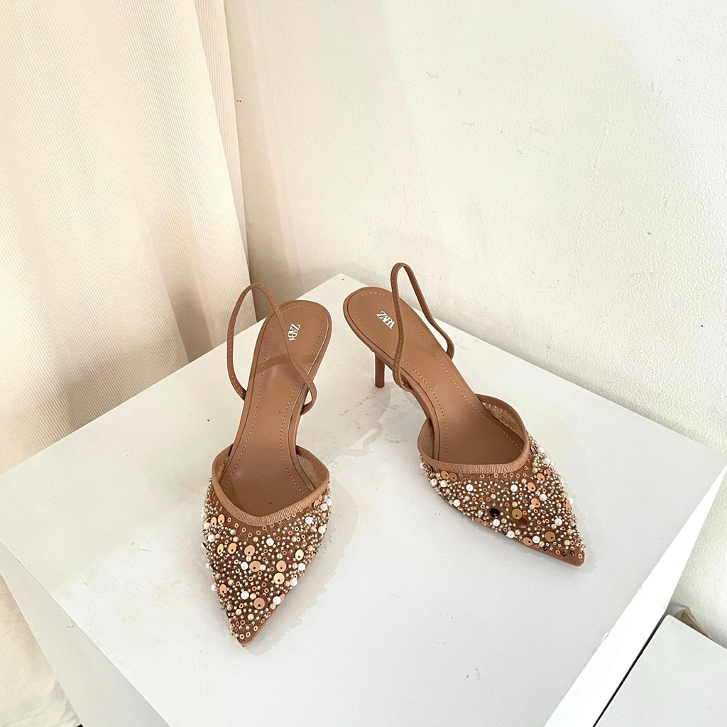 Diamond pearl heels 9cm by Zara high quality fashion shoes sepatu wanita hak tinggi tali belakang se