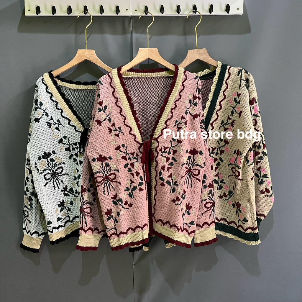 karen outer cardigan motif flower tali depan outer rajut wanita kekinian