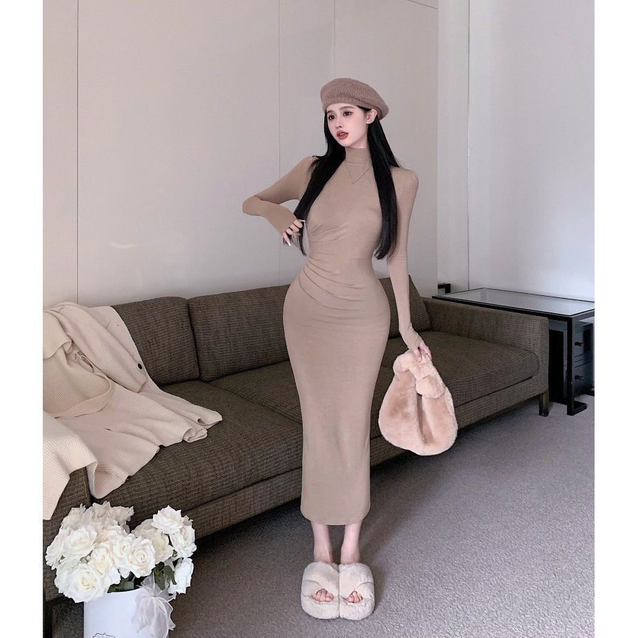 Bodycon Dress Knit Halus Hijab Friendly gaun dress korea dress hitam korean style dress tangan panja