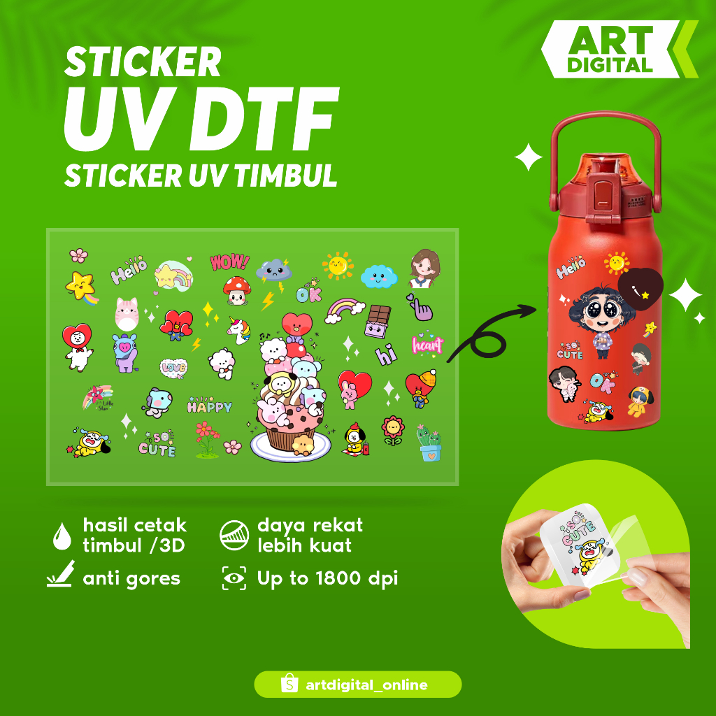 

Cetak Stiker UV DTF Custom Timbul Tebal Sticker Logo Tahan Hujan dan Cuaca Panas Ukuran