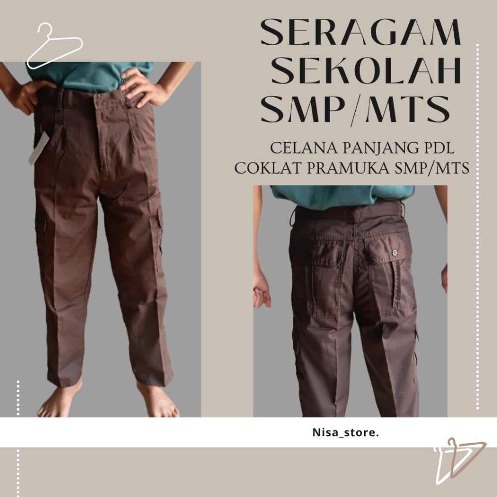 SERAGAM SEKOLAH- Celana Pramuka PDL Sekolah SMP Coklat Pramuka (Saku 6) TANPA PINGGANG KARET Wanita 