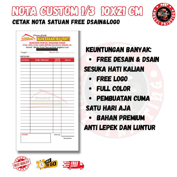 

nota custom 1/3 gratis dsain ukuran 10x21 cm nota panjang bon full color kwitansi multi printing