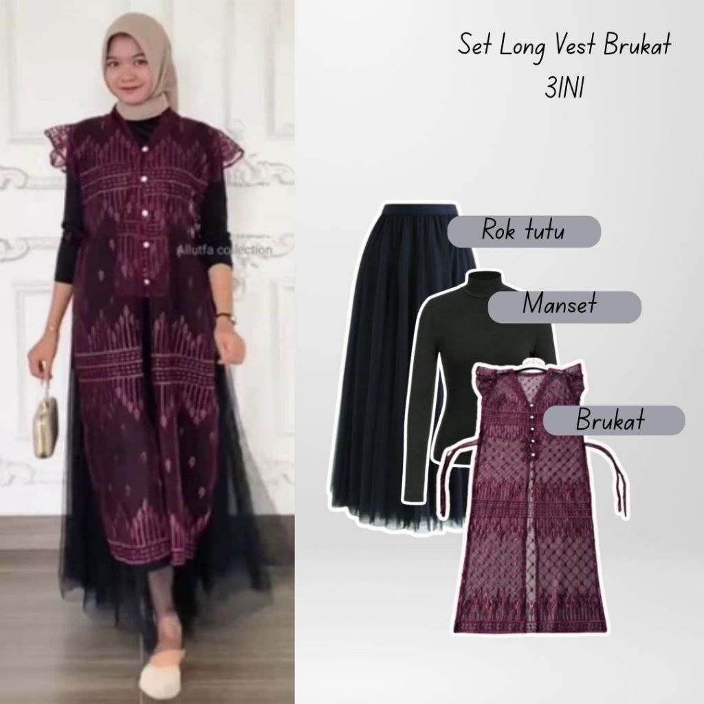 Set Outer Tunik Long Vest Kondangan Brukat Sapto Manset Rok Tutu Outfit Lebaran Wanita Ala Korea