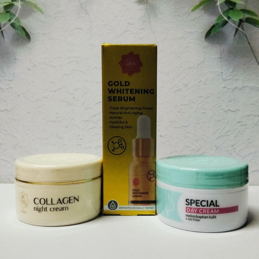 Paket Skincare Basic 3in1 Viva Cream Siang Dan Malam+Gold Whitening Serum ||BPOM