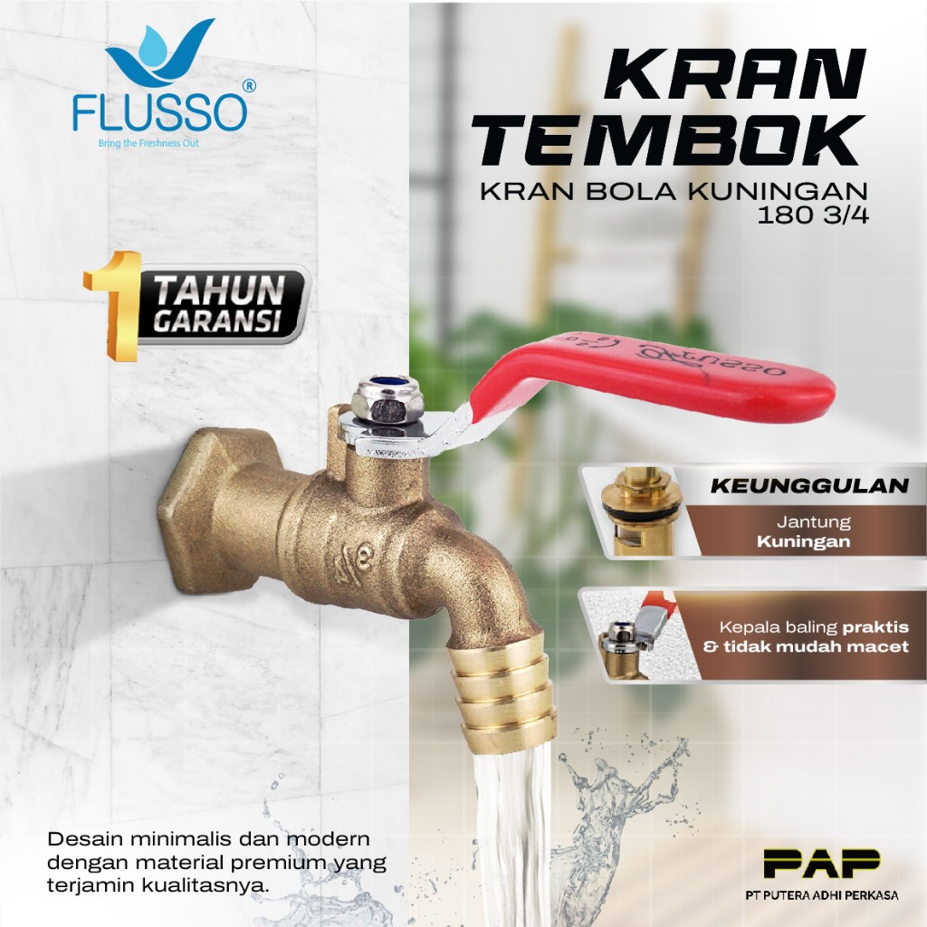 FLUSSO Kran Tembok Bola Kuningan / Kran Air Kamar Mandi / Keran Air Kuningan Flusso