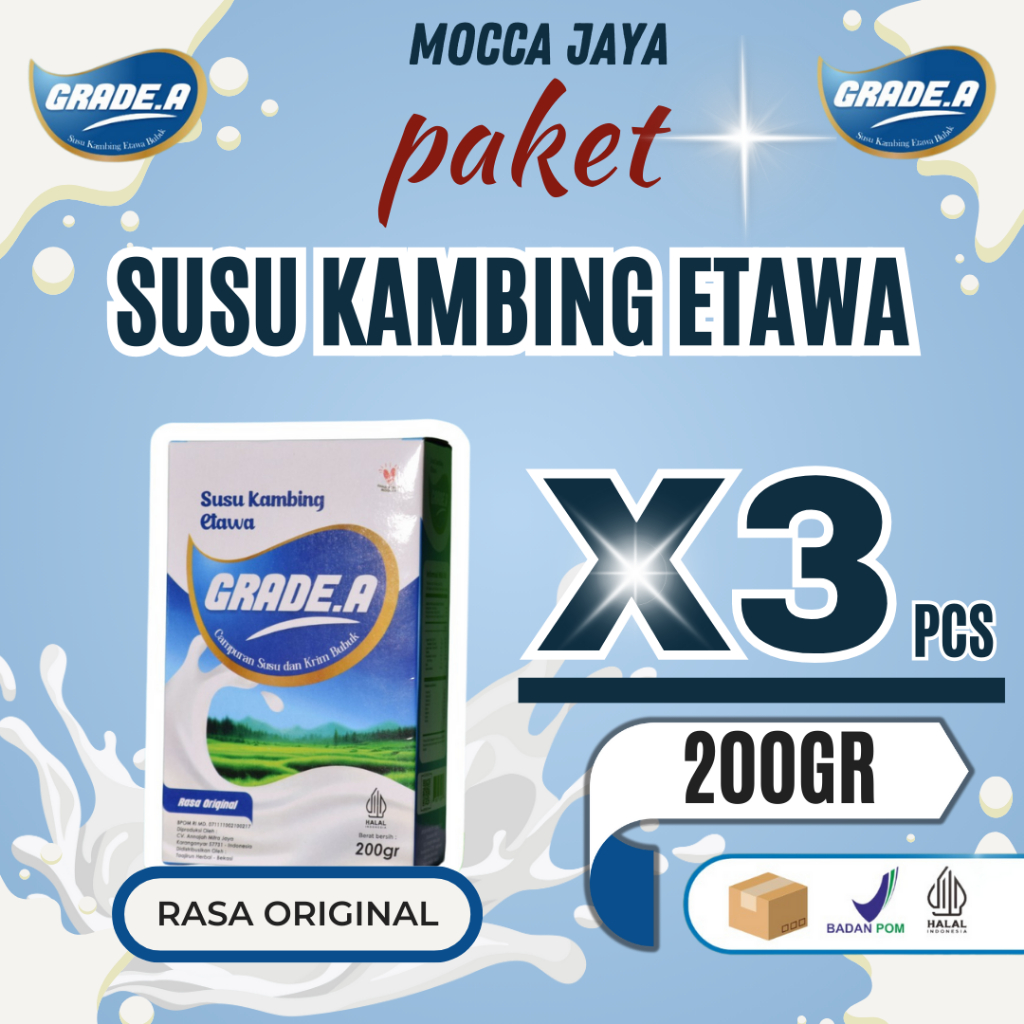 

Paket 3 Box Grade-A Susu Kambing Etawa Bubuk 200Gr All Varian Rasa