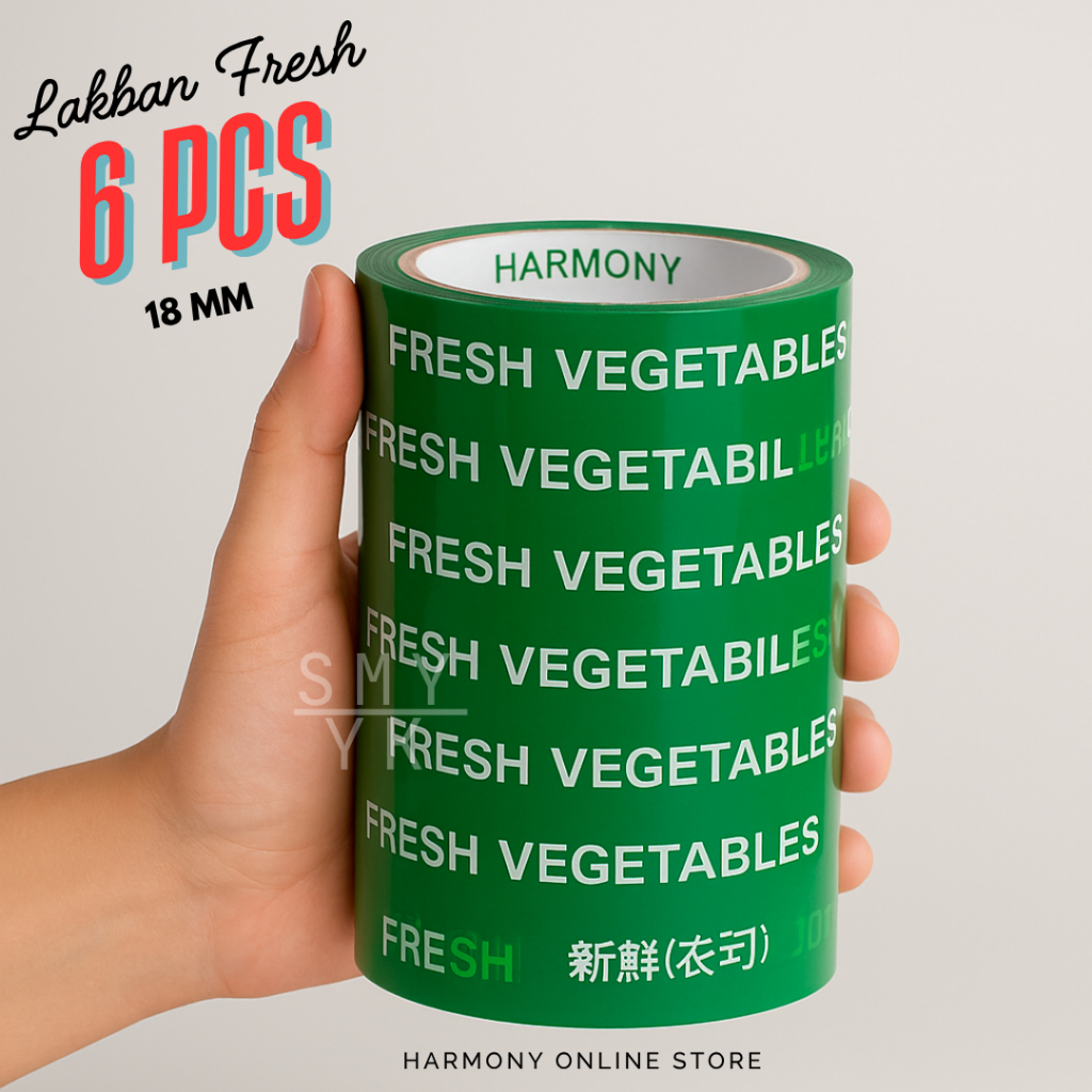 

6 PCS Lakban Fresh Segar Sayur Vegetable 18mm - 1 Slop Isi 6 PCS Lakban Sayur Hijau Fresh Halal 18mm - Paket Lakban Buah Fresh Hijau - Isolasi Sayur dan Buah - Lakban Segar Makanan - Lakban Hijau Untuk Sayur 1 SLOP 6 ROLL