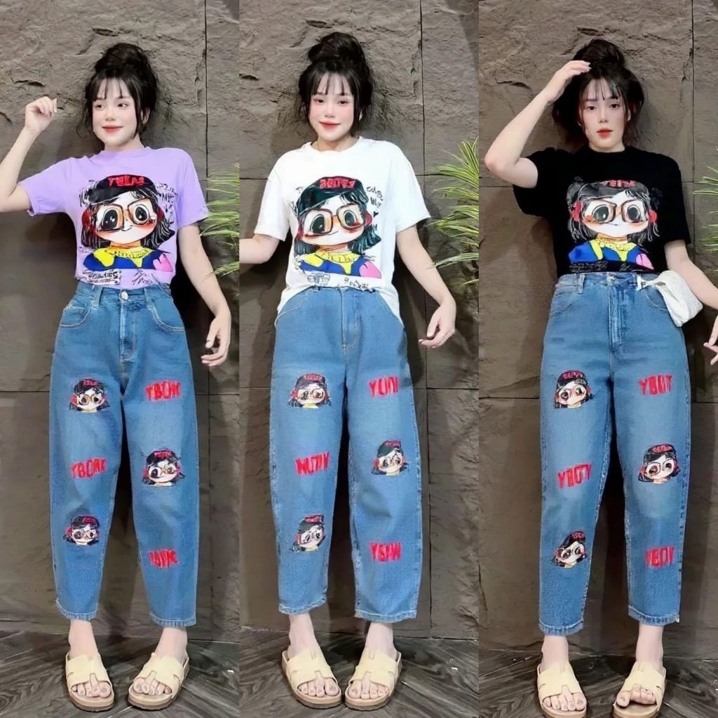 setelan jeans kombi kaos ukuran all size