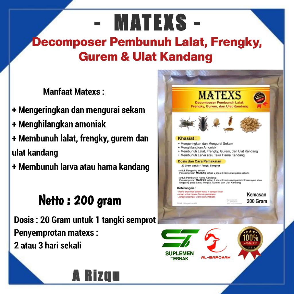 Matexs 200 Gram - Decomposer dan Pembasmi Hama Kandang - Pembunuh Pembunuh Lalat, Frenky, Gurem, dan